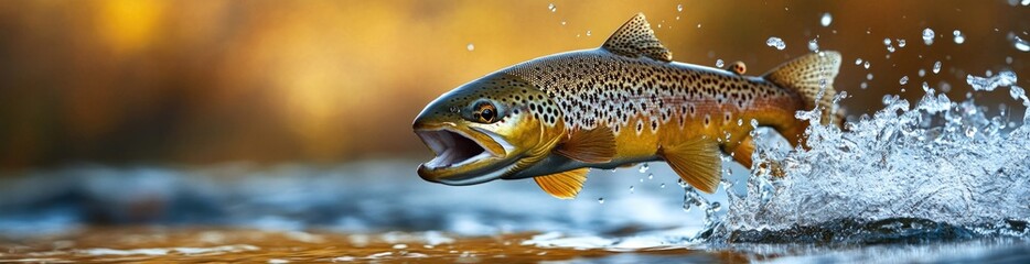 Naklejka premium A brown trout leaps from the water, creating splashes in its attempt to escape. In the background, a fishing shop is visible, hinting at an early morning fishing adventure, banner.