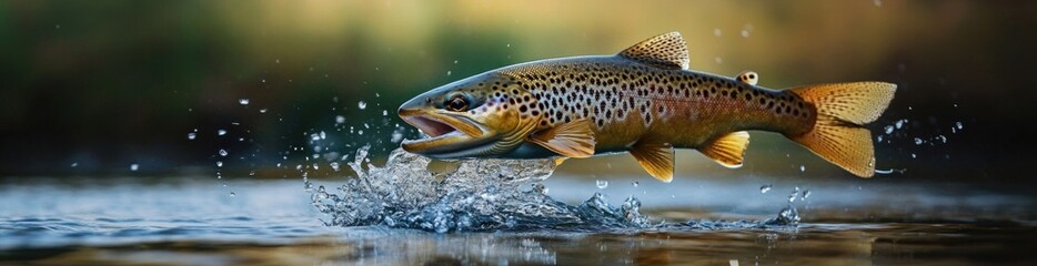 A brown trout leaps from the water, creating splashes in its attempt to escape. In the background, a fishing shop is visible, hinting at an early morning fishing adventure, banner.