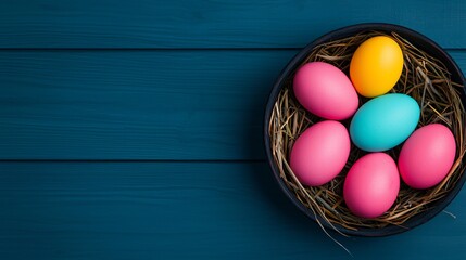 Colorful Easter eggs in nest on wood. Spring holiday celebration