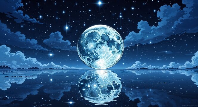 Moon and stars reflecting ultrahighres on anime background