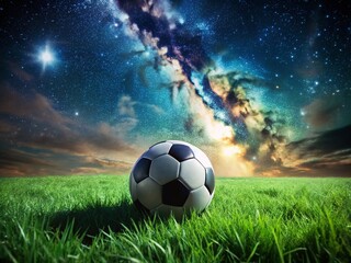 Fototapeta premium Starry Night Soccer: Football on Grass Under Night Sky - Stunning Astro Photography