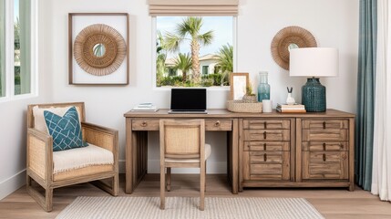 Home office, coastal view, desk, chair, decor