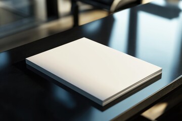 Stack of blank white a4 paper sheets on a dark modern desk in office setting