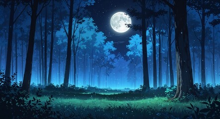 Moonlit forest glowing softly cinematic on anime background
