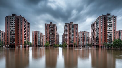 Flooded Apartment Complexes Under Cloudy Sky