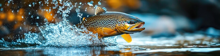 A brown trout leaps from the water, creating splashes in its attempt to escape. In the background, a fishing shop is visible, hinting at an early morning fishing adventure, banner.