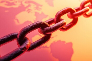 Obraz premium Blockchain Supply Chain Management concept. Red chain links against a gradient world map background.