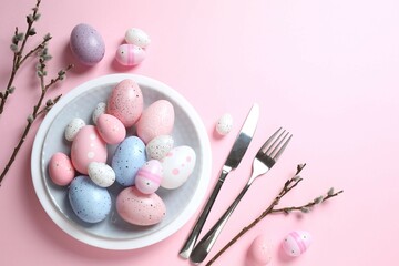 Easter decor concept. Top view photo of colorful eggs in a plate with knife and fork on pastel background