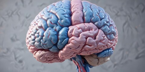 detailed drawing of a blue and pink brain with cerebral cortex , medical, pink color