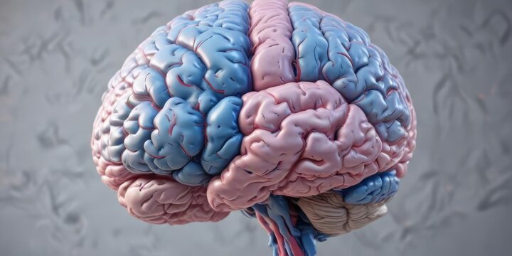 detailed drawing of a blue and pink brain with cerebral cortex , medical, pink color