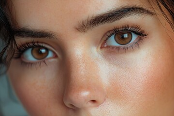 Obraz premium Close-up portrait of relaxed young woman with bright brown eyes looking directly at camera. Natural beauty, clean skin look. Facial features highlighted. No makeup minimal makeup. Gorgeous, beautiful