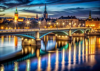 Naklejka premium Stockholm Bridge Night Photography: Illuminated Architecture over Water
