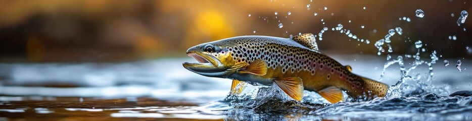 Fototapeta premium A brown trout leaps from the water, creating splashes in its attempt to escape. In the background, a fishing shop is visible, hinting at an early morning fishing adventure, banner.