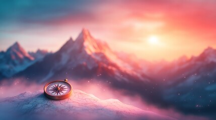 Navigating new horizons a compass on majestic mountain peaks at sunset nature scenic inspirational