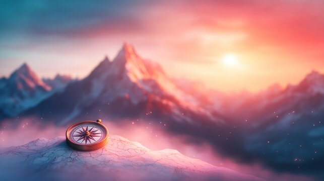 Navigating new horizons a compass on majestic mountain peaks at sunset nature scenic inspirational
