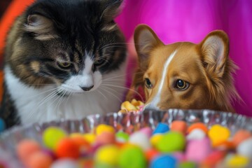 Two pets share a moment with a sweet treat, perfect for pet-friendly celebrations or family gatherings