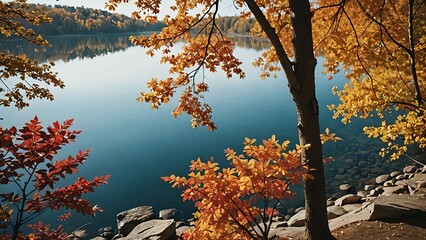 秋の湖畔と紅葉の風景｜Autumn Lakeside with Fall Foliage