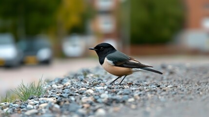 bird watching and hobby concept. Bird standing on gravel with a blurred background of cars and greenery.