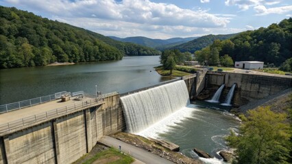 Dam with a small waterfall in the background, serene lake, waterfall, landscape view, natural surroundings, small cascade