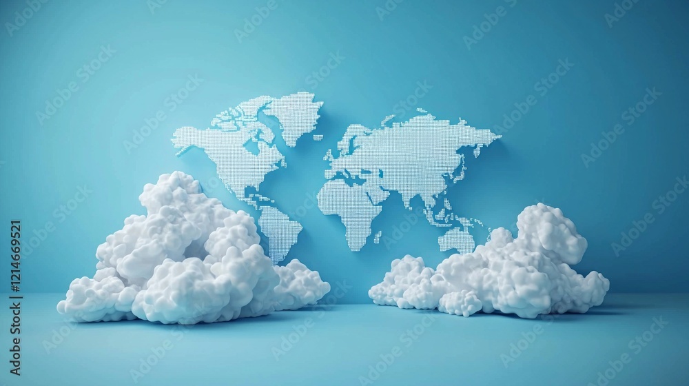 Poster Dynamic clouds frame a stylized world map rendered in digital pixels, illustrating the interconnectedness of global telecommunications and computing