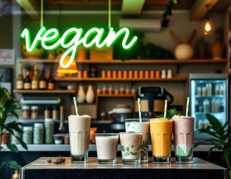 Rienda vegana con un letrero de ne&oacute;n verde que dice vegano y algunos batidos veganos sobre una mesa
