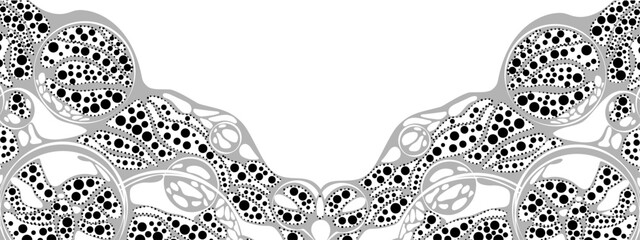 Monochrome abstract background frame. Vector texture of chaotic waves, particles, circles. Group of cells,  information grid. Neuro graphics. Poster for business, technology, medicine, presentations.