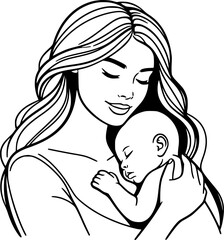 Loving Mother Holding Sleeping Baby, Line Art Illustration