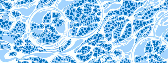 Blue abstract background frame. Vector texture of chaotic lines, particles, circles. Group of cells,  information grid. Neuro graphics. Banner for business, technology, medicine, presentations.