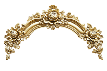 A collection of gold framed pictures with a variety of shapes and sizes. on transparent background.