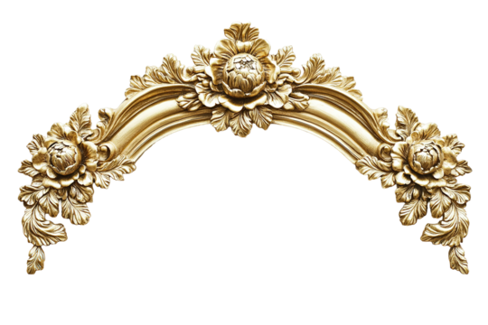 A collection of gold framed pictures with a variety of shapes and sizes. on transparent background.