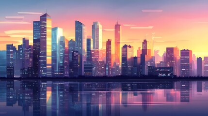 Fototapeta premium Vibrant city skyline at sunset, modern skyscrapers reflecting in water, urban landscape showcasing tranquility and growth.