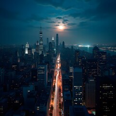 Obraz premium Moonlit Marvel Urban Architecture Revealed in Focus Stacked Night Cityscape