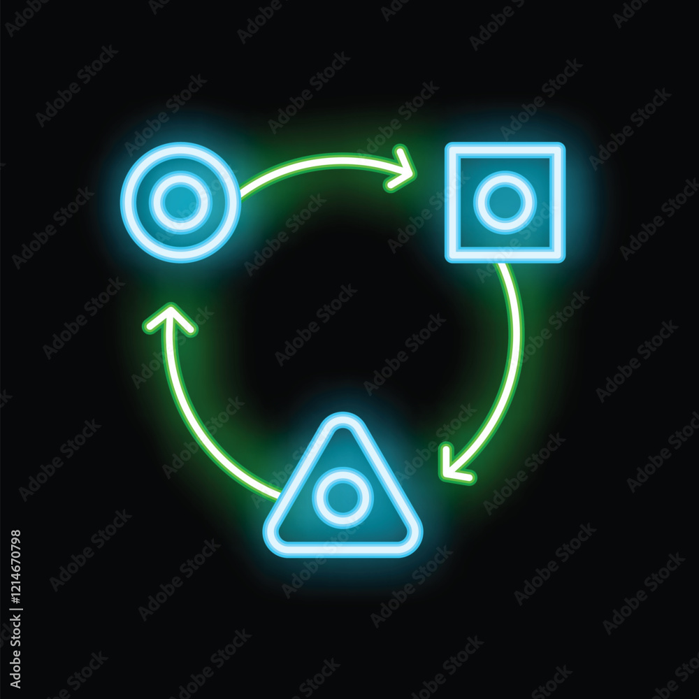 Poster neon workflow diagram with three shapes connected by arrows, symbolizing a project management proces