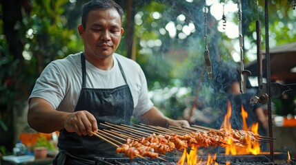 Fototapeta premium A grill master wearing an apron, grilling skewers at an outdoor party