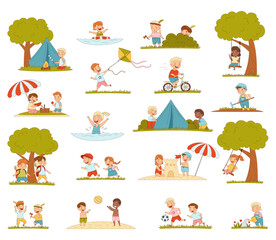 Naklejka premium Kids Enjoying Hot Summer Season Walk Outdoor Vector Set