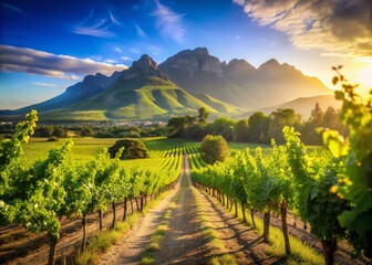 Naklejka premium Stunning Bokeh Vineyard Landscape, Simonsberg Mountains, South Africa