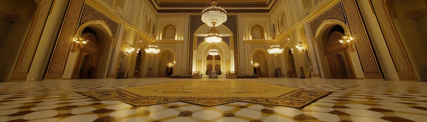 Grand palace interior, opulent design, Middle Eastern architecture, background;  website/publication use