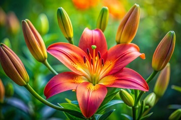 Fototapeta premium Stunning Candid Close-up of Blooming Lily and Unopened Buds