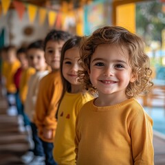 Fototapeta premium Cheerful children standing in line at daycare, symbolizing childhood, education, and social interaction. Perfect for parenting visuals, school themes, and lifestyle photography.