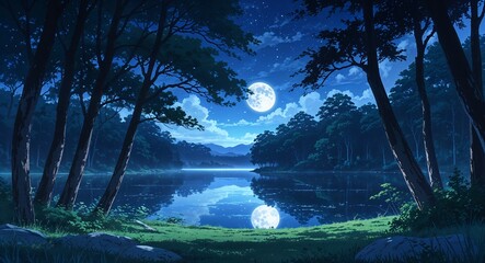Trees encircling serene moonlit lake artistry on anime background