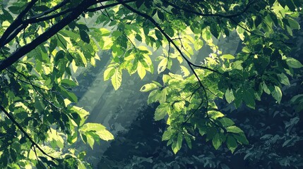 A lush green forest canopy with sunlight filtering through the leaves.