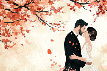 Couple is hugging in front of a tree with red leaves