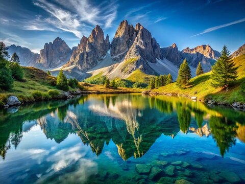 Stunning Dolomites Lake Reflection:  Mondeval Area near Giau Pass, South Tyrol, Italy