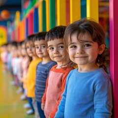 Fototapeta premium Cheerful children standing in line at daycare, symbolizing childhood, education, and social interaction. Perfect for parenting visuals, school themes, and lifestyle photography.