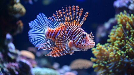 Lionfish with intricate fins gliding through a rich coral reef, highlighting its beauty and marine habitat, perfect for underwater and nature-focused imagery.