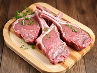 Fresh lamb meat chops on a wooden tray garnished with green herbs, oregano sprigs, wooden tray, earthy colors