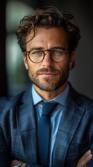 Obraz premium There is a man wearing glasses and a suit with a tie