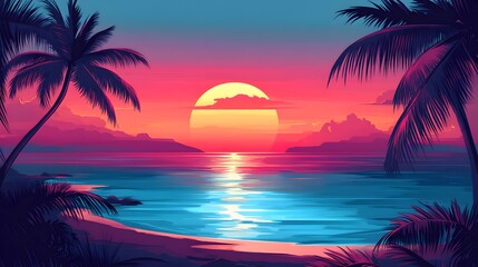 Naklejka premium Vibrant sunset over tranquil beach, colorful sky reflecting on calm water, palm trees framing serene landscape, peaceful retreat.