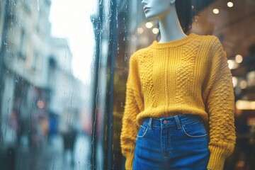 Fototapeta premium A life-sized mannequin model dressed in a bright yellow sweater and blue jeans