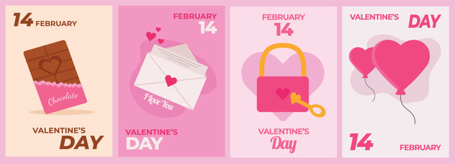 set of Valentine themed posters or background covers with objects related to Valentine